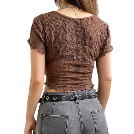Swadeshi World Sexy V neck Hollow Ladies T-shirt | Ladies Top - Brown