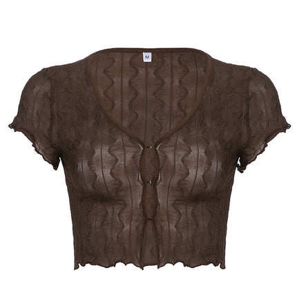 Swadeshi World Sexy V neck Hollow Ladies T-shirt | Ladies Top - Brown