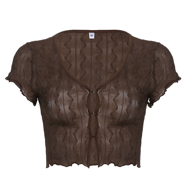 Swadeshi World Sexy V neck Hollow Ladies T-shirt | Ladies Top - Brown