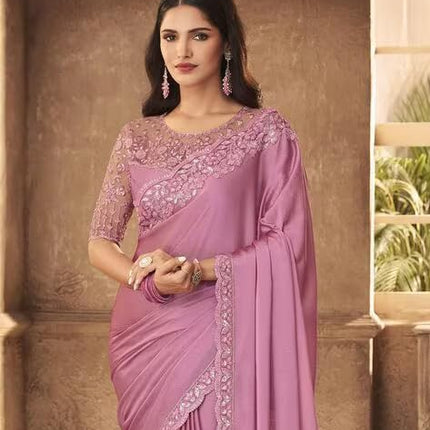 SWADESHI WORLD Woven Women's Silk Embroidered Heavy Border Saree with Unstitched Blouse Material (AZ-YS-OG-Belly Pink)