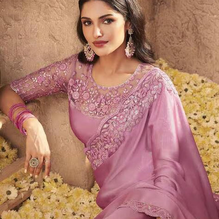 SWADESHI WORLD Woven Women's Silk Embroidered Heavy Border Saree with Unstitched Blouse Material (AZ-YS-OG-Belly Pink)
