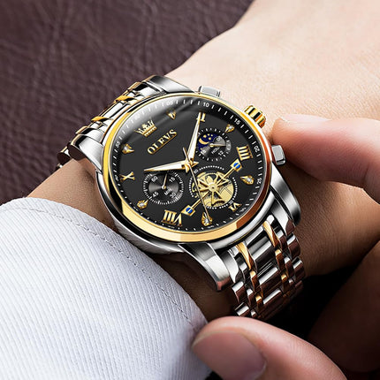 OLEVS Watch for Man Analog Quartz Skeleton Chronograph Diamond Watches Waterproof Dress Watches