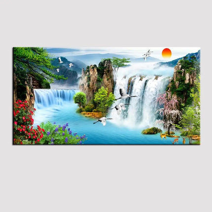 Swadeshi World Big Sunset Waterfall Framed Canvas Wall Painting(24 x 48 Inches)
