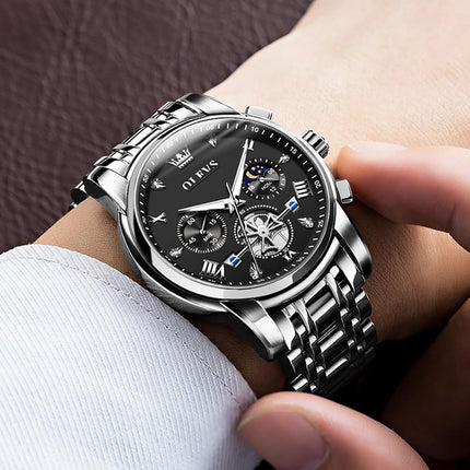 OLEVS Watch for Man Analog Quartz Skeleton Chronograph Diamond Watches Waterproof Dress Watches