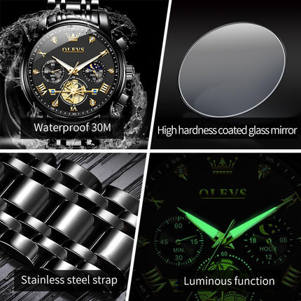 OLEVS Watch for Man Analog Quartz Skeleton Chronograph Diamond Watches Waterproof Dress Watches