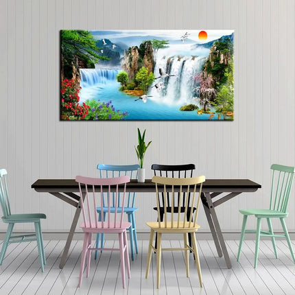 Swadeshi World Big Sunset Waterfall Framed Canvas Wall Painting(24 x 48 Inches)