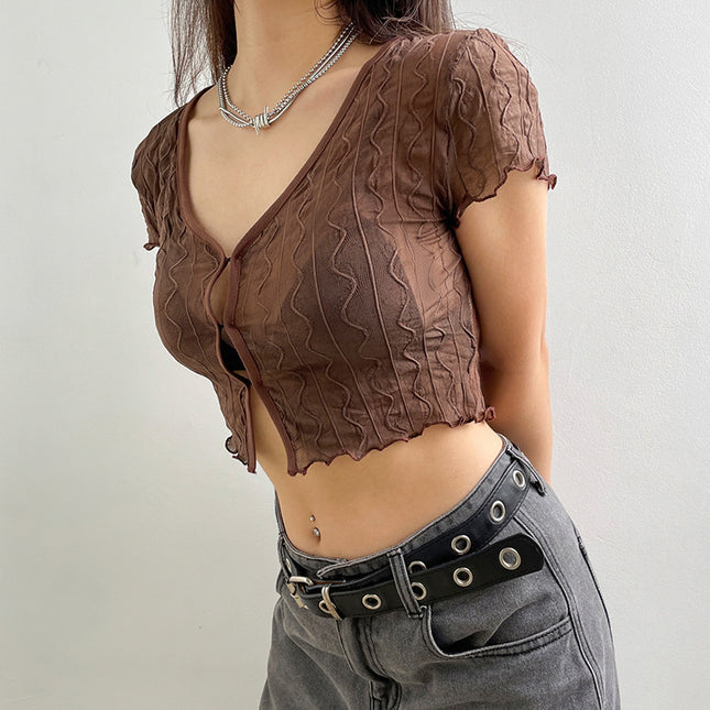 Swadeshi World Sexy V neck Hollow Ladies T-shirt | Ladies Top - Brown