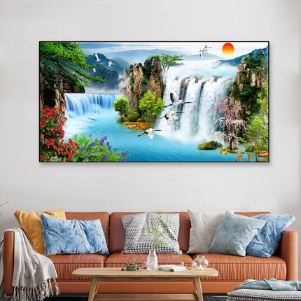 Swadeshi World Big Sunset Waterfall Framed Canvas Wall Painting(24 x 48 Inches)