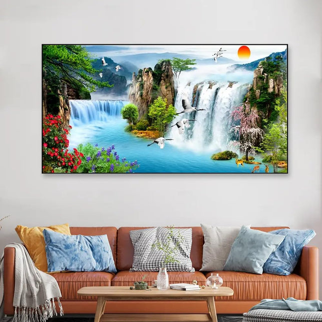 Swadeshi World Big Sunset Waterfall Framed Canvas Wall Painting(24 x 48 Inches)