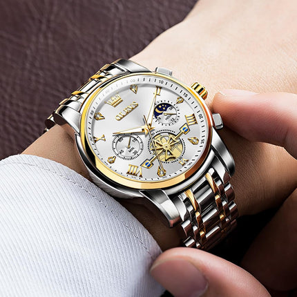 OLEVS Watch for Man Analog Quartz Skeleton Chronograph Diamond Watches Waterproof Dress Watches