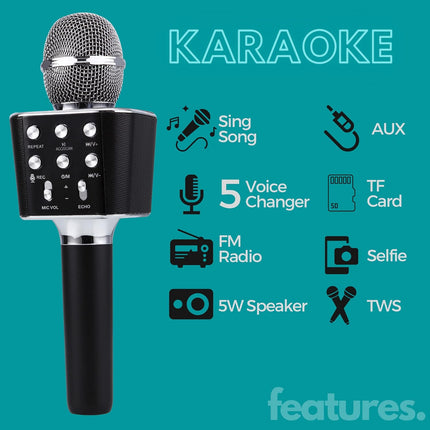 Swadeshi World M804 Wireless Bluetooth Karaoke Mic with Speaker Rechargeable FM Radio 5 Voice Changer Microphone