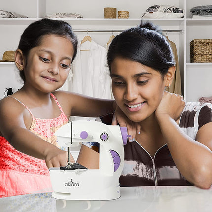 Swadeshi World Mini Sewing Machine with Table Set  Hand Sewing Machine with extension table, foot pedal, adapter, White