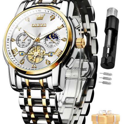 OLEVS Watch for Man Analog Quartz Skeleton Chronograph Diamond Watches Waterproof Dress Watches