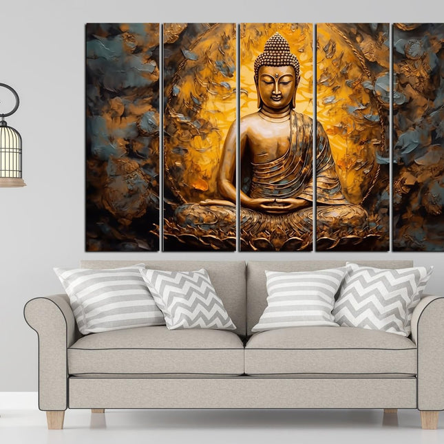 Swadeshi World with KYARA ARTS wooden framed, Buddha wall painting 30 inch x 50 inch set of 5… (Design-3)