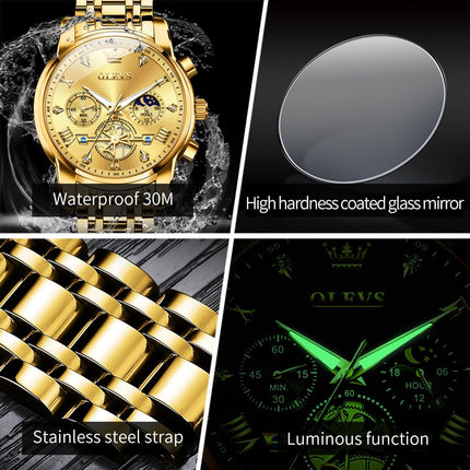 OLEVS Watch for Man Analog Quartz Skeleton Chronograph Diamond Watches Waterproof Dress Watches