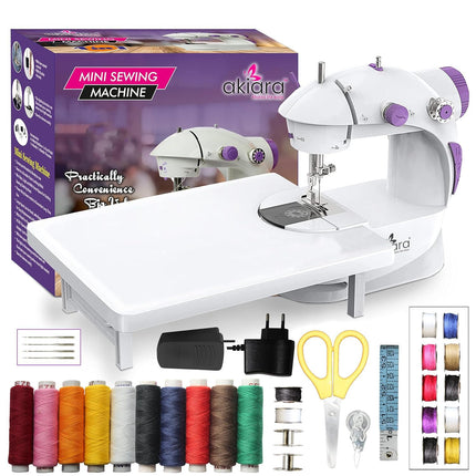 Swadeshi World Mini Sewing Machine with Table Set  Hand Sewing Machine with extension table, foot pedal, adapter, White