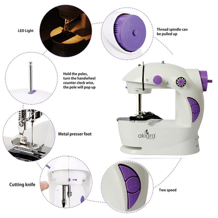 Swadeshi World Mini Sewing Machine with Table Set  Hand Sewing Machine with extension table, foot pedal, adapter, White