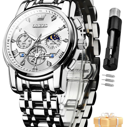 OLEVS Watch for Man Analog Quartz Skeleton Chronograph Diamond Watches Waterproof Dress Watches
