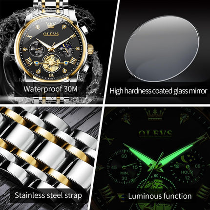 OLEVS Watch for Man Analog Quartz Skeleton Chronograph Diamond Watches Waterproof Dress Watches
