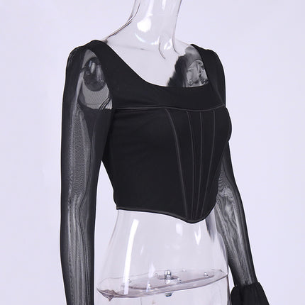Swadeshi Fishbone Square Neck Flared Sleeve T-shirt Cropped Top Transparent Sleeves
