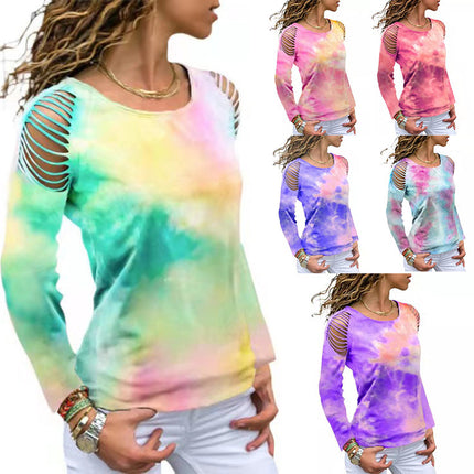 Swadeshi World Tie Dye Ripped Floral Off The Shoulder Long Sleeve Bollywood T-shirt