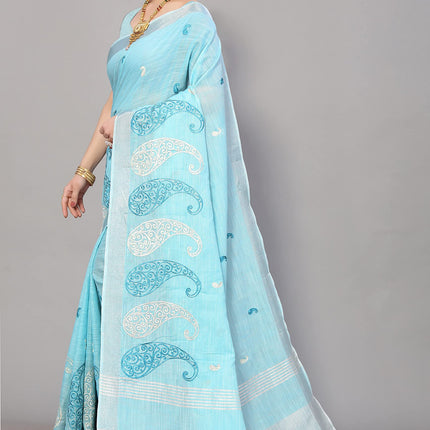 SWADESHI WORLD Women's Linen Cotton Woven Embroidery Traditional Saree