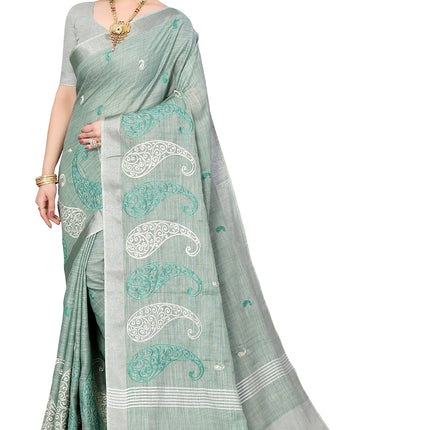 SWADESHI WORLD Women's Linen Cotton Woven Embroidery Traditional Saree