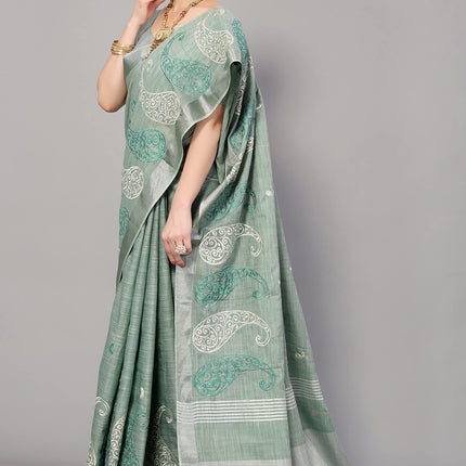 SWADESHI WORLD Women's Linen Cotton Woven Embroidery Traditional Saree