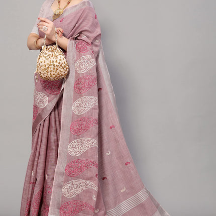 SWADESHI WORLD Women's Linen Cotton Woven Embroidery Traditional Saree