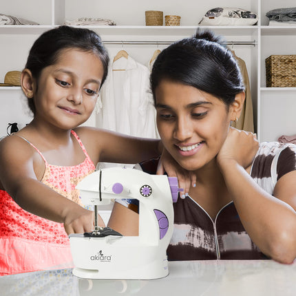 Swadeshi World Mini Sewing Machine with Table Set  Hand Sewing Machine with extension table, foot pedal, adapter, White