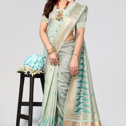 Swadeshi World Women's Cotton Blend Thread Embroidery Saree With Blouse Piece