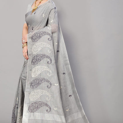 SWADESHI WORLD Women's Linen Cotton Woven Embroidery Traditional Saree
