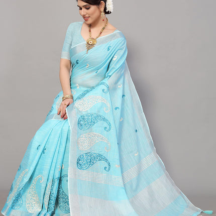 SWADESHI WORLD Women's Linen Cotton Woven Embroidery Traditional Saree
