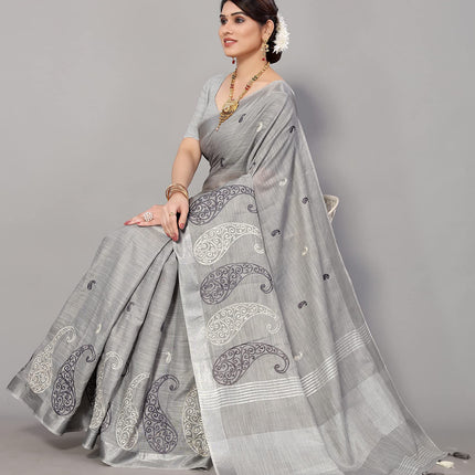 SWADESHI WORLD Women's Linen Cotton Woven Embroidery Traditional Saree