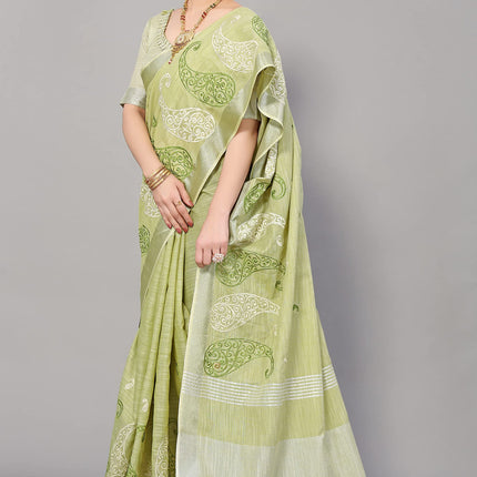 SWADESHI WORLD Women's Linen Cotton Woven Embroidery Traditional Saree