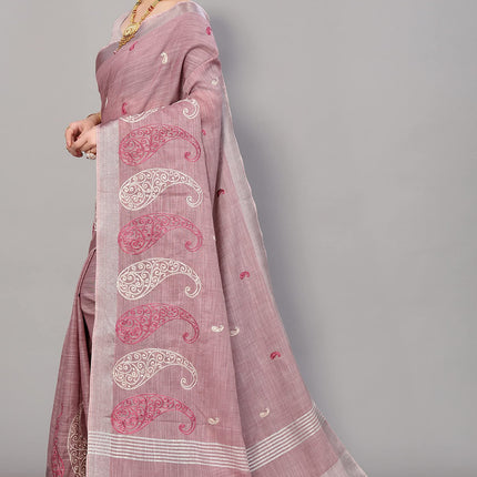 SWADESHI WORLD Women's Linen Cotton Woven Embroidery Traditional Saree
