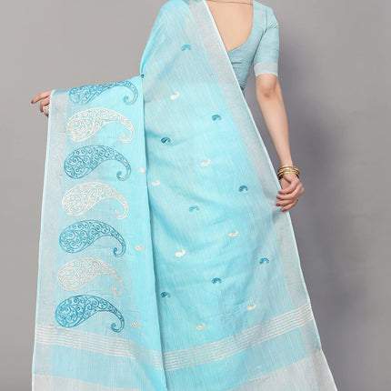 SWADESHI WORLD Women's Linen Cotton Woven Embroidery Traditional Saree