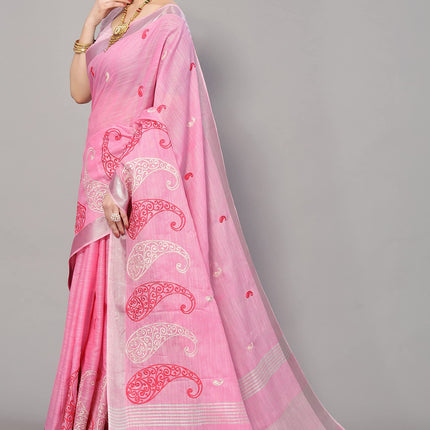 SWADESHI WORLD Women's Linen Cotton Woven Embroidery Traditional Saree