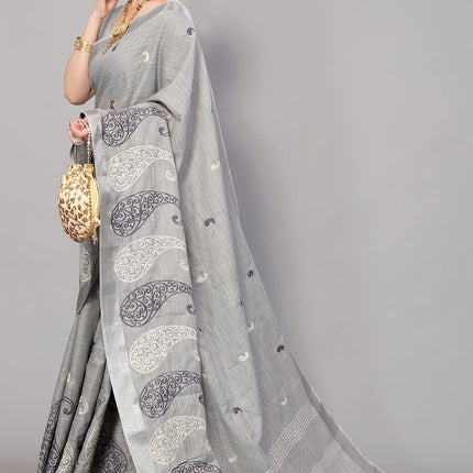 SWADESHI WORLD Women's Linen Cotton Woven Embroidery Traditional Saree