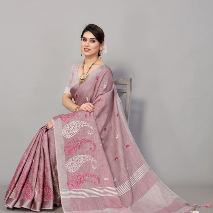 SWADESHI WORLD Women's Linen Cotton Woven Embroidery Traditional Saree