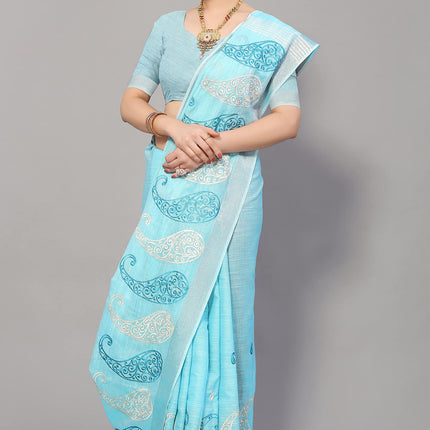 SWADESHI WORLD Women's Linen Cotton Woven Embroidery Traditional Saree