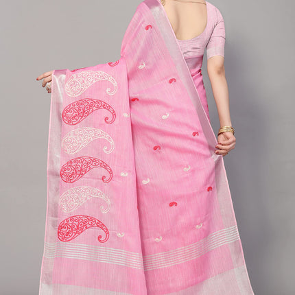 SWADESHI WORLD Women's Linen Cotton Woven Embroidery Traditional Saree