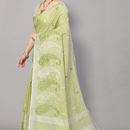 SWADESHI WORLD Women's Linen Cotton Woven Embroidery Traditional Saree
