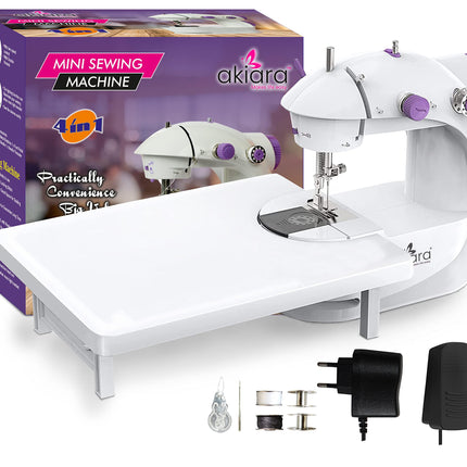 Swadeshi World Mini Sewing Machine with Table Set  Hand Sewing Machine with extension table, foot pedal, adapter, White