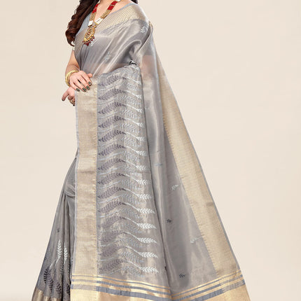 Swadeshi World Women's Cotton Blend Thread Embroidery Saree With Blouse Piece