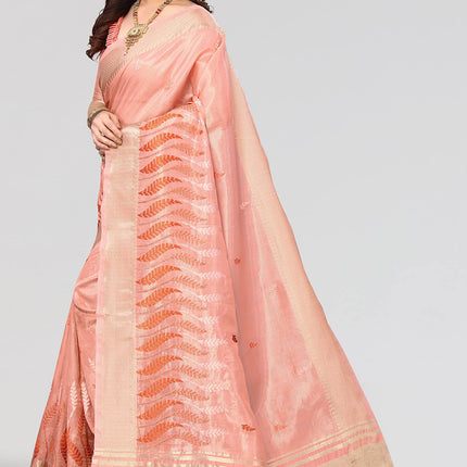 Swadeshi World Women's Cotton Blend Thread Embroidery Saree With Blouse Piece
