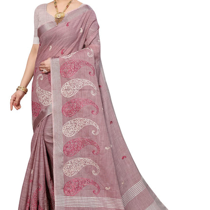SWADESHI WORLD Women's Linen Cotton Woven Embroidery Traditional Saree