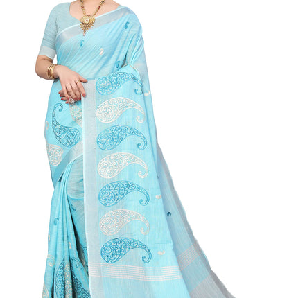 SWADESHI WORLD Women's Linen Cotton Woven Embroidery Traditional Saree