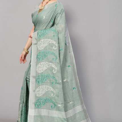 SWADESHI WORLD Women's Linen Cotton Woven Embroidery Traditional Saree