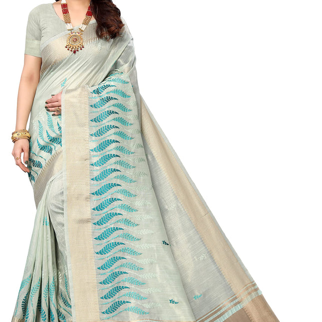 Swadeshi World Women's Cotton Blend Thread Embroidery Saree With Blouse Piece